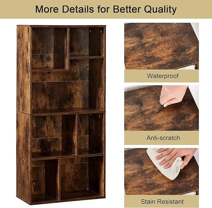 VECELO 42 Inch High Bookcase, 4-Tier Modern Storage Cabinet with Height Difference Shelves for Standard Textbooks, Floor Standing, 7 Cubes, Horizontal Available, Easy Assembly, Rustic Brown - LeafyLoom