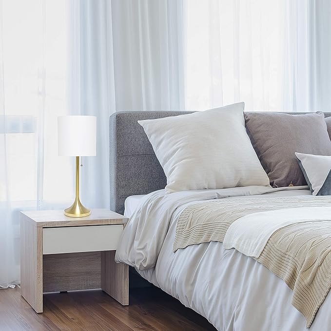 Simple Designs LT1076-GDW Tapered Fabric Drum Shade Table Lamp, Gold and White, 8 x 8 x 21 - LeafyLoom