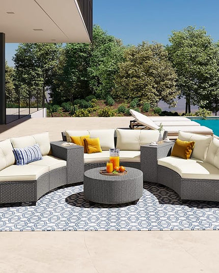 9 Pieces Outdoor Furniture Half Moon Wicker Patio Sets with Coffee Table, All-Weather Fan-Shaped Curved Sectional Sofa Couch with Beige Cushions, Onesize, Gray Rattan - LeafyLoom