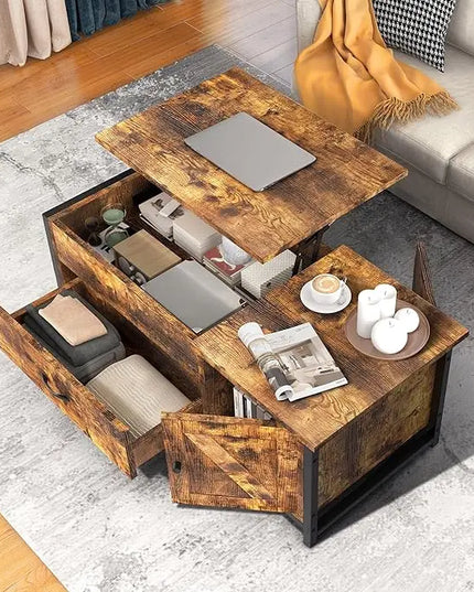 FABATO 41.7" Lift Top Coffee Table with Storage Drawer& Hidden Compartment Barn Door Cabinet Center Table Coffee Table for Living Room Farmhouse Industrial Wood (Rustic Brown2) - LeafyLoom