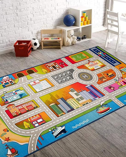 Booooom Jackson Kids Rug for Toy Cars 4.9x6.6ft Colorful Non Slip Kids Traffic Playmat for Playroom Bedroom Kids Room Classroom Kids Play Rug Area Rug Road Rug Blue Kids Play Carpet Race Track Mat - LeafyLoom