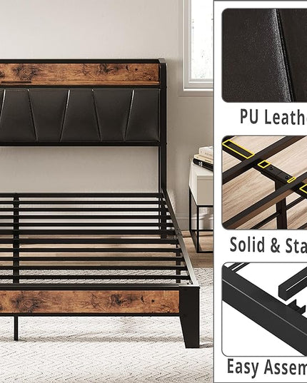 LIKIMIO Queen Bed Frame, Storage Headboard with Charging Station, Solid and Stable, Noise Free, No Box Spring Needed, Easy Assembly (Vintage and Black) - LeafyLoom