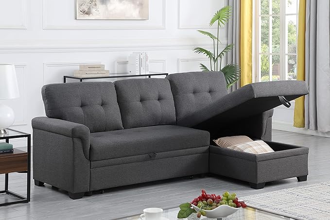 84 inch L-Shape Sectional Sleeper Couches with Chaise Storage and Pull, 3 Seater Sofa Bed w/Tufted Linen Backrest for Living Spaces Apartment Dorm, Gray, Dark Grey - LeafyLoom