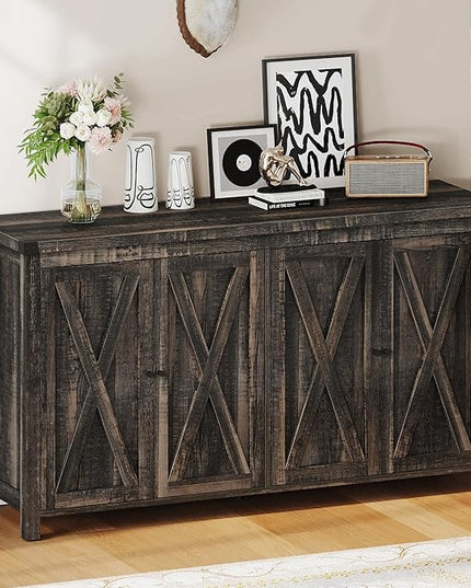 YITAHOME Farmhouse Sideboard Buffet Cabinet with Storage with 4 Doors, 55'' Large Kitchen Storage Cabinet, Wood Coffee Bar Cabinet with Adjustable Shelf for Kitchen, Living Room, Dark Oak - LeafyLoom