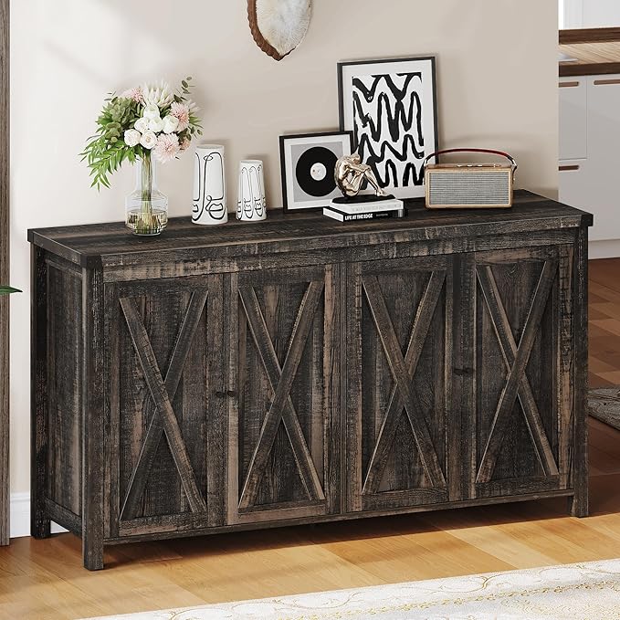 YITAHOME Farmhouse Sideboard Buffet Cabinet with Storage with 4 Doors, 55'' Large Kitchen Storage Cabinet, Wood Coffee Bar Cabinet with Adjustable Shelf for Kitchen, Living Room, Dark Oak - LeafyLoom