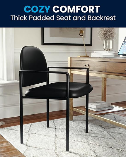 Flash Furniture Tiffany Side Reception Chair with Padded Armrests, Stackable Vinyl Waiting Room Chair for Commercial or Residential Use, Black - LeafyLoom