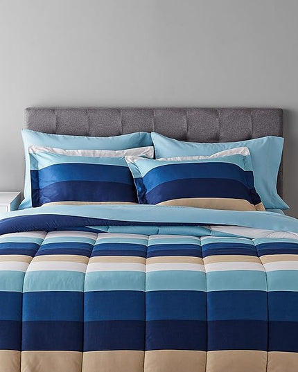Amazon Basics Lightweight Microfiber Bed-in-a-Bag Comforter 7-Piece Bedding Set, Full/Queen, Blue Stripe, Striped - LeafyLoom