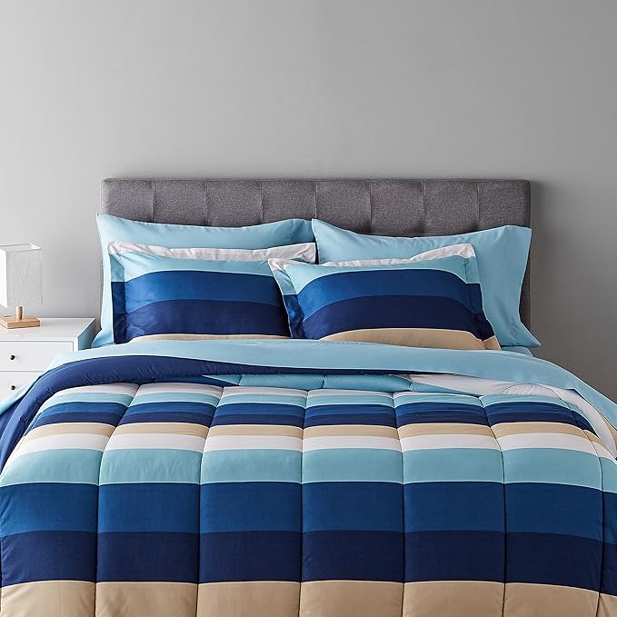 Amazon Basics Lightweight Microfiber Bed-in-a-Bag Comforter 7-Piece Bedding Set, Full/Queen, Blue Stripe, Striped - LeafyLoom