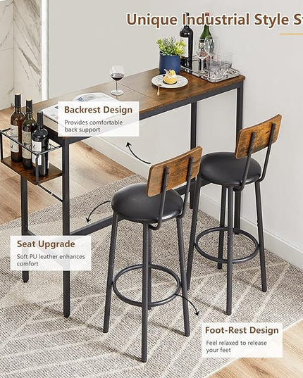 Bar Table and Chairs Set for 2, 3 Pieces Pub Dining Table Set with Collapsible Bottle Holder, 2 Bar Stools PU Upholstery Seat with Backrest for Kitchen, Apartment, Small Space - LeafyLoom