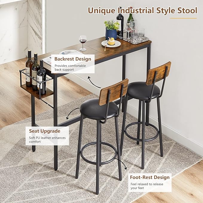 Bar Table and Chairs Set for 2, 3 Pieces Pub Dining Table Set with Collapsible Bottle Holder, 2 Bar Stools PU Upholstery Seat with Backrest for Kitchen, Apartment, Small Space - LeafyLoom
