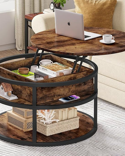 DWVO Round Coffee Tables for Living Room,Lift Top Coffee Table with Storage, Farmhouse Wood Coffee Table,Circle Coffee Tables Living Room for Home Office,Rustic Brown - LeafyLoom