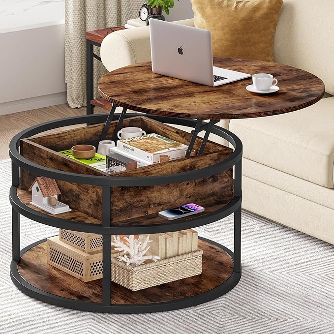 DWVO Round Coffee Tables for Living Room,Lift Top Coffee Table with Storage, Farmhouse Wood Coffee Table,Circle Coffee Tables Living Room for Home Office,Rustic Brown - LeafyLoom