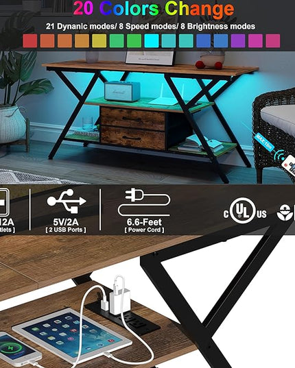Modern 55" TV Stand with Power Outlet for TV up to 65 Inch, LED and 2 Storage Fabric Drawers, Entertainment Center with Charging Station for Living Room Bedroom (Rustic Brown) - LeafyLoom