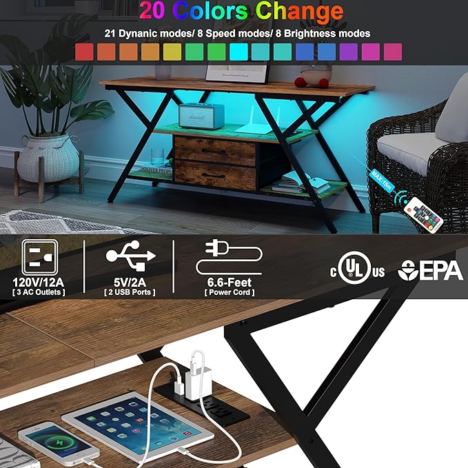 Modern 55" TV Stand with Power Outlet for TV up to 65 Inch, LED and 2 Storage Fabric Drawers, Entertainment Center with Charging Station for Living Room Bedroom (Rustic Brown) - LeafyLoom