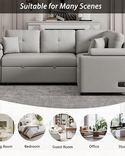 87.4" L-Shape Sectional Sleeper Sofa with Chaise &Pull-out bed, Boucle Upholstered Couch w/USB Ports, Power Sockets and Built-in Cup Holder, for Living Room, Apartment, 87.4 Inch, Dark Gray - LeafyLoom