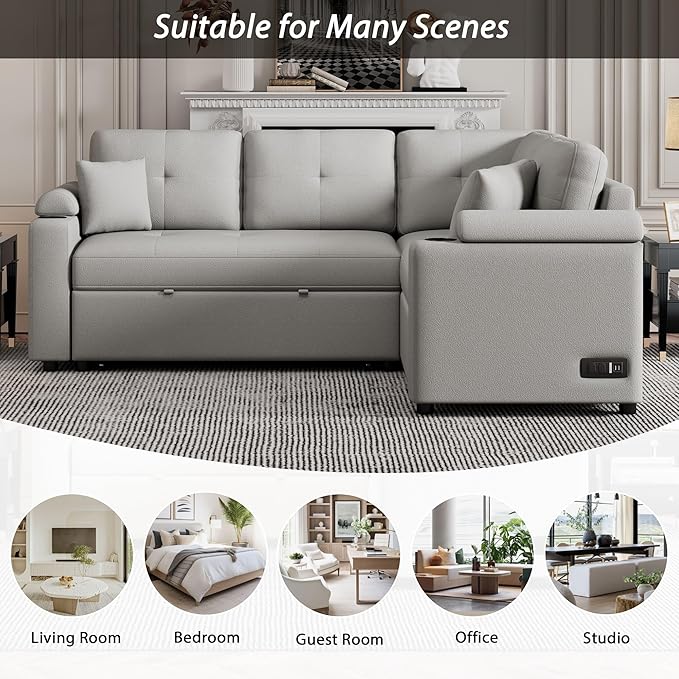 87.4" L-Shape Sectional Sleeper Sofa with Chaise &Pull-out bed, Boucle Upholstered Couch w/USB Ports, Power Sockets and Built-in Cup Holder, for Living Room, Apartment, 87.4 Inch, Dark Gray - LeafyLoom