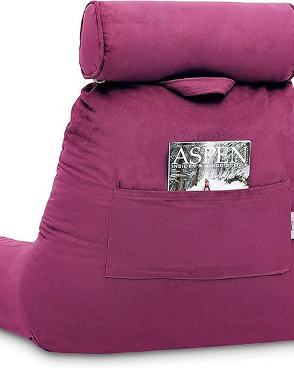 Husband Pillow XXL Cover Aspen Edition Sliding Raspberry, Reversible Microfiber to Microsuede, Side & Back Pockets - Handle for Transport - Super Cozy Bed Rest Pillow Cover with Arms - Easy Care - LeafyLoom