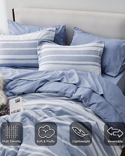 Bedsure Bed in a Bag Queen 7 Pieces - Blue Striped Comforter Set Queen All Season Bed Set, Bed Set Queen Size with 1 Comforter, 1 Flat Sheet, 1 Fitted Sheet, 2 Pillowcases & 2 Shams - LeafyLoom