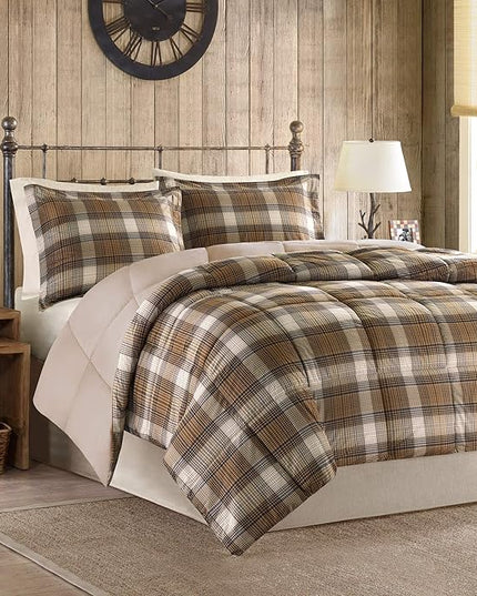 Woolrich Comforter Set, Cabin Lodge, Warm Cover for Colder Season, Modern Cottage-Inspired Down Alternative Ultra Soft Microfiber Bedding, Matching Sham, Plaid Brown Twin 2 Piece - LeafyLoom