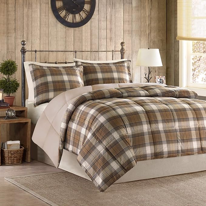 Woolrich Comforter Set, Cabin Lodge, Warm Cover for Colder Season, Modern Cottage-Inspired Down Alternative Ultra Soft Microfiber Bedding, Matching Sham, Plaid Brown King 3 Piece - LeafyLoom