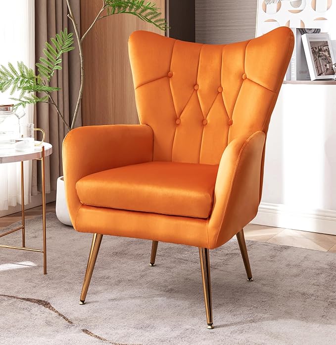 US Pride Furniture Modern Accent Chair with Ergonomic High Wingback, Microfiber Upholstered Armchair with Metal Legs for Living Room, Bedroom, Office or Vanity, Orange - LeafyLoom
