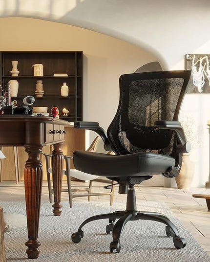 T29 Ergonomic Office Chair, Comfy Computer Desk Chair, Mesh Back Home Office Chair with PU Leather Padded, Adjustable Lumbar Support, Flip-up Arms,Swivel Wheels,Work Task Chair for Long Hours - LeafyLoom