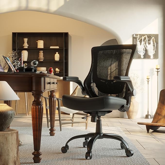 T29 Ergonomic Office Chair, Comfy Computer Desk Chair, Mesh Back Home Office Chair with PU Leather Padded, Adjustable Lumbar Support, Flip-up Arms,Swivel Wheels,Work Task Chair for Long Hours - LeafyLoom