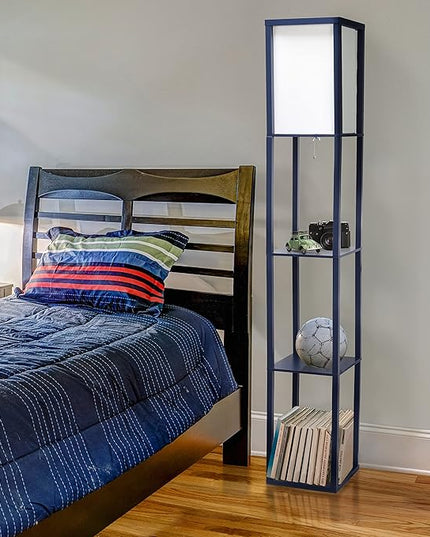 Simple Designs LF1014-NAV-LB Three Shelf Etagere Organizer Storage Floor Lamp with White Linen Shade for Living Room, Bedroom, Office, Hallway, Navy Blue, with Feit LED Bulb Included - LeafyLoom