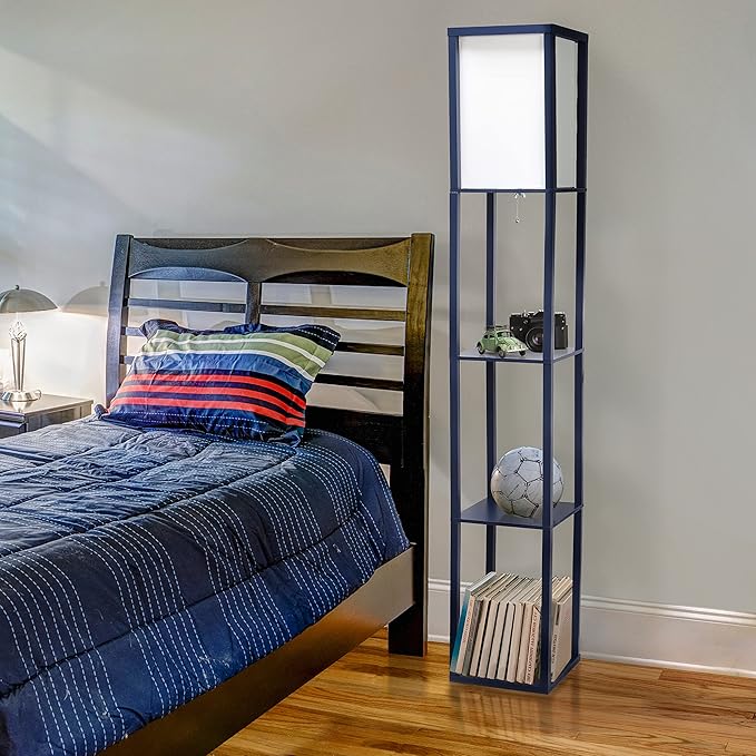 Simple Designs LF1014-NAV-LB Three Shelf Etagere Organizer Storage Floor Lamp with White Linen Shade for Living Room, Bedroom, Office, Hallway, Navy Blue, with Feit LED Bulb Included - LeafyLoom