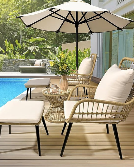 Pamapic 5 Piece Outdoor Patio Bistro Set, Conversation Sets with Ottoman, Rattan Wicker Outdoor Balcony Furniture Chairs for Poorside Garden Balcony, Cream - LeafyLoom