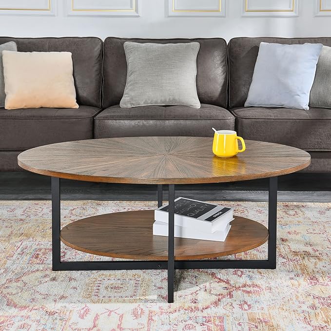 Solid Wood Oval Coffee Table with Cross Metal Legs, 43.3in Modern Industrail Center Table with Open Shelf Cocktail Tea Table for Living Room Bedroom, Rustic Brown 1811NC - LeafyLoom