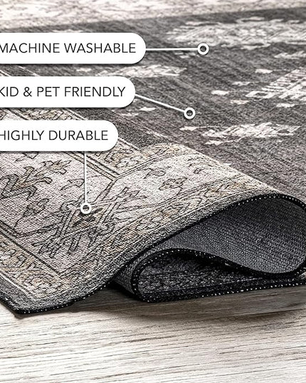 nuLOOM Mollie Machine Washable Traditional Border Ultra Thin Runner Rug, 2' 6" x 6', Charcoal - LeafyLoom