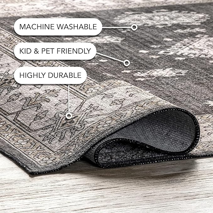 nuLOOM Mollie Machine Washable Traditional Border Ultra Thin Runner Rug, 2' 6" x 6', Charcoal - LeafyLoom