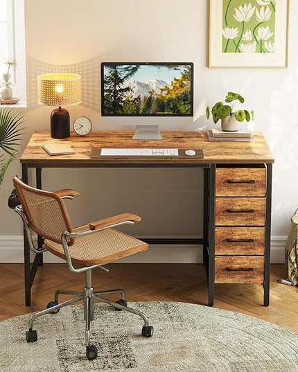 CubiCubi 47 Inch Computer Desk with 4 Drawers, Home Office Small Desk with Storage, Modern Study Writing Desk, Rustic Brown - LeafyLoom
