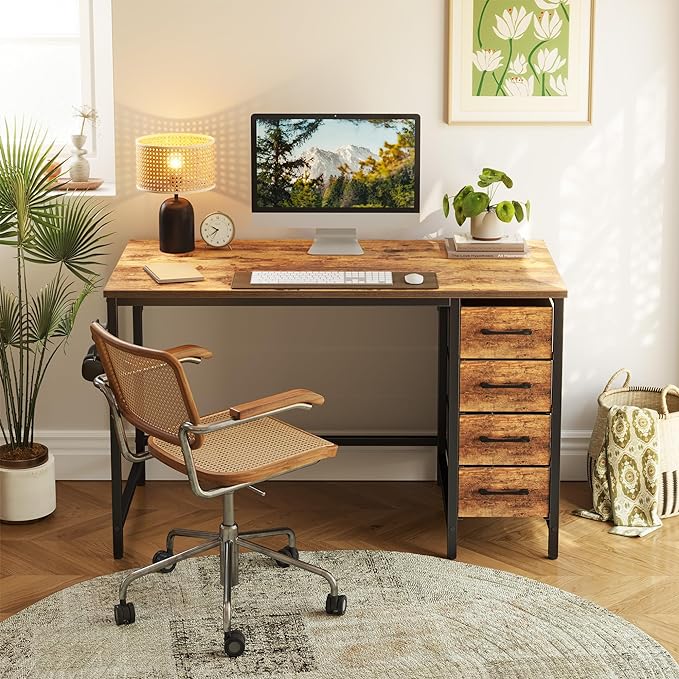 CubiCubi 47 Inch Computer Desk with 4 Drawers, Home Office Small Desk with Storage, Modern Study Writing Desk, Rustic Brown - LeafyLoom