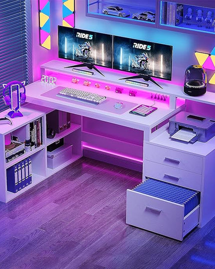 YITAHOME L Shaped Desk with 3 Drawers, 65" Corner Computer Desk with Power Outlets & LED Lights, L-Shaped Desk with File Cabinet & Printer Stand for Home Office, White - LeafyLoom