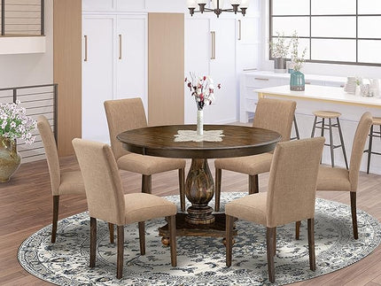 East West Furniture F2AB7-747 Ferris 7 Piece Room Set Consist of a Round Dining Table with Pedestal and 6 Light Sable Linen Fabric Upholstered Chairs, 48x48 Inch - LeafyLoom