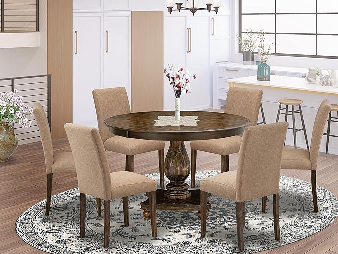 East West Furniture F2AB7-747 Ferris 7 Piece Room Set Consist of a Round Dining Table with Pedestal and 6 Light Sable Linen Fabric Upholstered Chairs, 48x48 Inch - LeafyLoom
