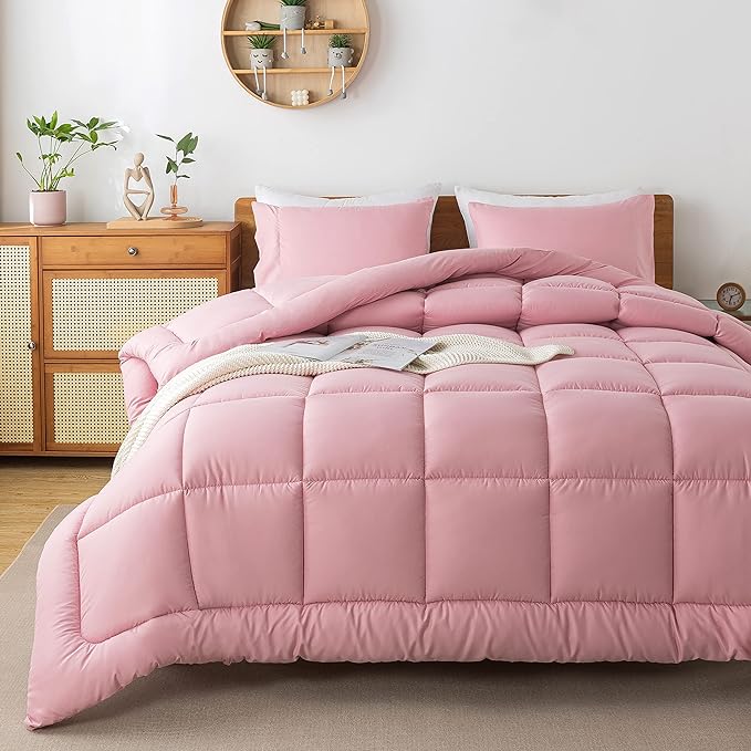 WhatsBedding Pink Comforter Set Queen, Lightweight All Season Soft Down Alternative Bed Comforter, 3 Pieces Bedding Set with 2 Pillowcases, Queen Size, 88"x90" - LeafyLoom