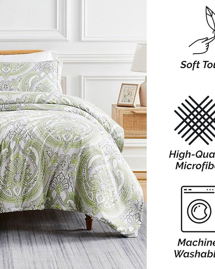 Southshore Fine Living, Inc. Oversized King Comforter Bedding Set, Down Alternative Boho Bedspread, Paisley Print Comforter, King/California King with 2 Matching Shams, Pure Melody Green - LeafyLoom
