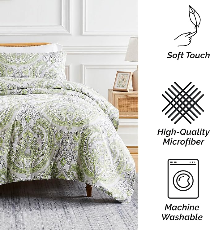Southshore Fine Living, Inc. Oversized King Comforter Bedding Set, Down Alternative Boho Bedspread, Paisley Print Comforter, King/California King with 2 Matching Shams, Pure Melody Green - LeafyLoom