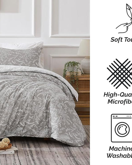 Southshore Fine Living, Inc. Full/Queen Comforter Set, Hotel Quality Floral Comforter with Matching Shams, Reversible Print is 2 Colors in 1, Fits Queen & Full Beds, Winter Brush Grey/White - LeafyLoom
