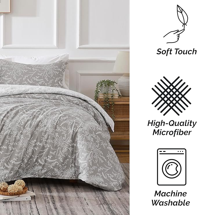 Southshore Fine Living, Inc. Full/Queen Comforter Set, Hotel Quality Floral Comforter with Matching Shams, Reversible Print is 2 Colors in 1, Fits Queen & Full Beds, Winter Brush Grey/White - LeafyLoom