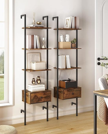 Tajsoon Ladder Shelf, Tall Bookcase with Storage Drawers, 4-Tier Wood Wall Mounted Bookshelf, Open Display Rack, Storage Shelves for Bedroom, Home Office, Collection, Plant Flower, Rustic Brown - LeafyLoom