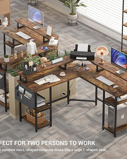 Aheaplus L Shaped Gaming Desk with Power Outlets & LED Lights, Corner Computer Desk with Monitor Stand and Storage Shelf, Home Office Writing Desk with Storage Bag, Rustic Brown - LeafyLoom