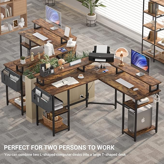 Aheaplus L Shaped Gaming Desk with Power Outlets & LED Lights, Corner Computer Desk with Monitor Stand and Storage Shelf, Home Office Writing Desk with Storage Bag, Rustic Brown - LeafyLoom