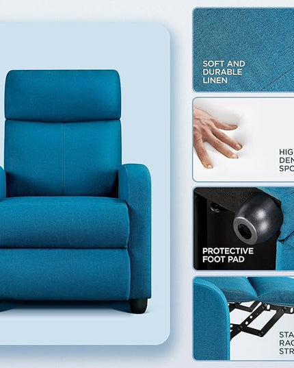 Yaheetech Fabric Recliner Sofa Modern Single Recliner Sofa Home Theater Seating with Thick Seat Cushion, Backrest and Pocket Spring, Blue - LeafyLoom