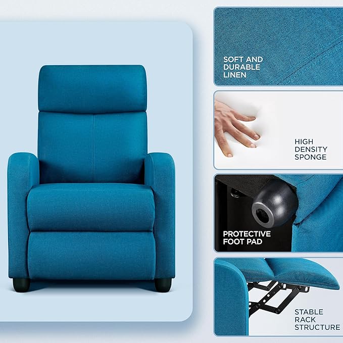 Yaheetech Fabric Recliner Sofa Modern Single Recliner Sofa Home Theater Seating with Thick Seat Cushion, Backrest and Pocket Spring, Blue - LeafyLoom