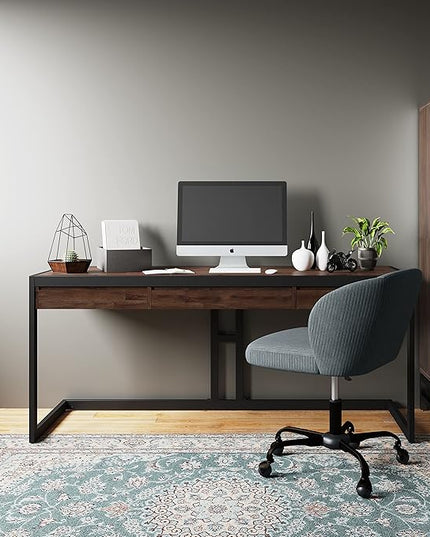 SIMPLIHOME Erina SOLID ACACIA WOOD Modern Industrial 72 Inch Wide Large Desk in Distressed Charcoal Brown, For the Office Desk, Writing Table, Workstation and Study Table - LeafyLoom