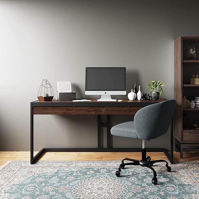 SIMPLIHOME Erina SOLID ACACIA WOOD Modern Industrial 72 Inch Wide Large Desk in Distressed Charcoal Brown, For the Office Desk, Writing Table, Workstation and Study Table - LeafyLoom